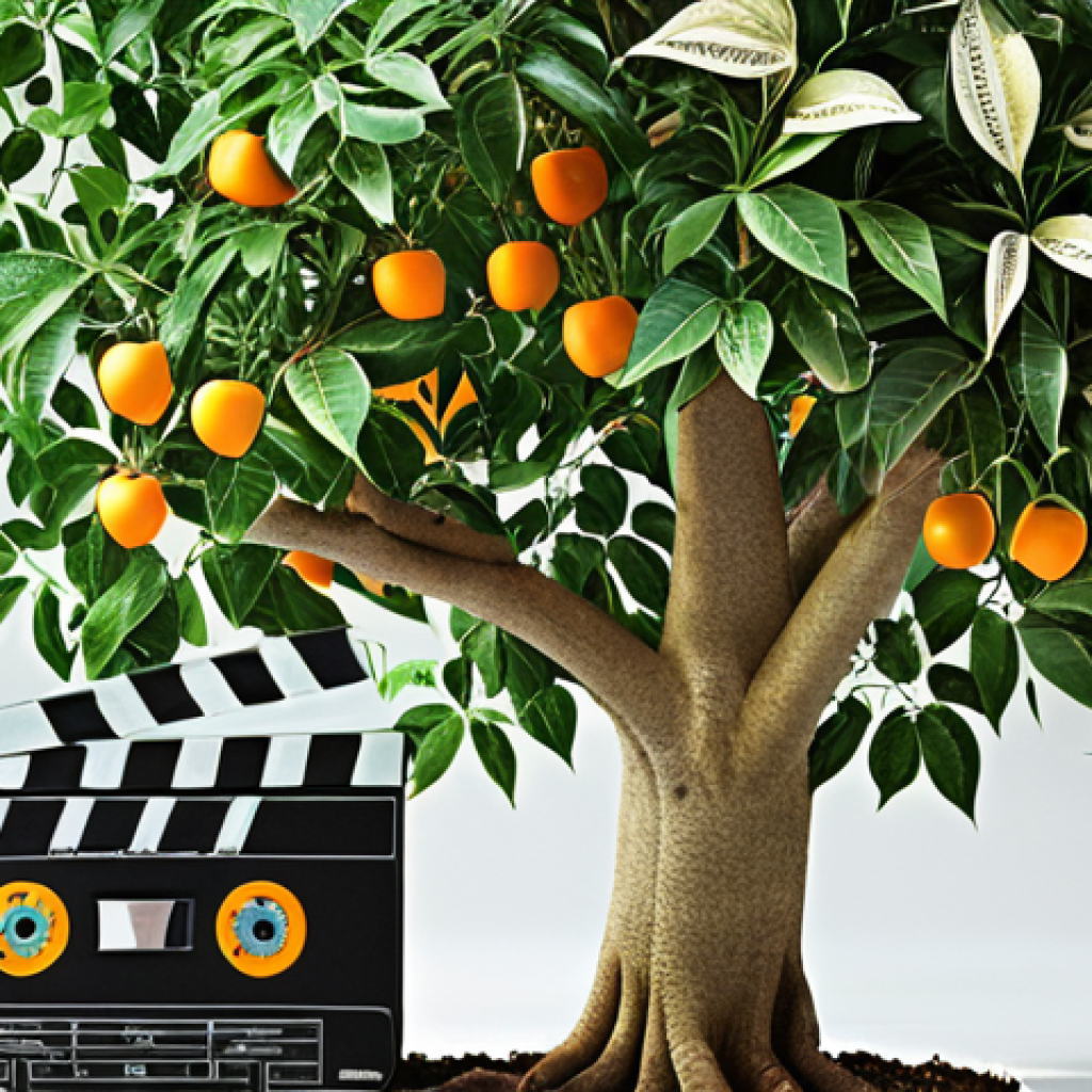 **

A lush, meticulously cultivated money tree with movie reels growing as leaves, interspersed with DVDs/Blu-rays as fruit. Some branches extend towards streaming platform logos. Hints of both sunshine and subtle pest damage.

**