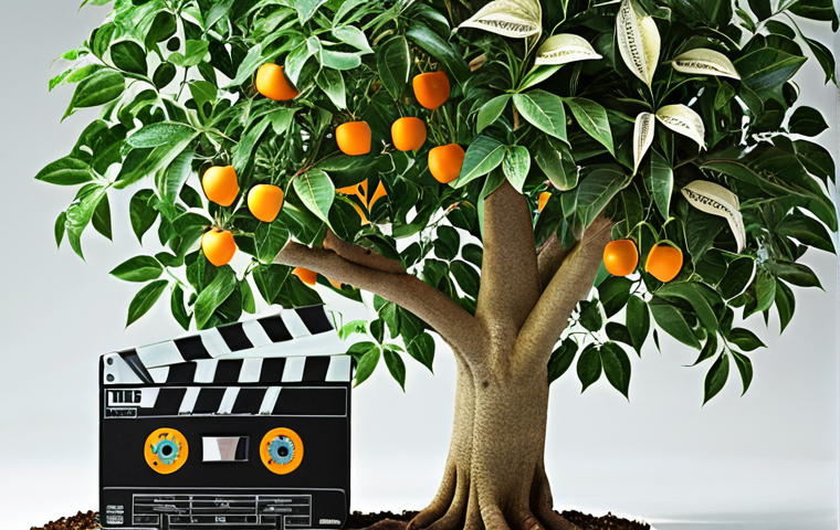 **

A lush, meticulously cultivated money tree with movie reels growing as leaves, interspersed with DVDs/Blu-rays as fruit. Some branches extend towards streaming platform logos. Hints of both sunshine and subtle pest damage.

**
