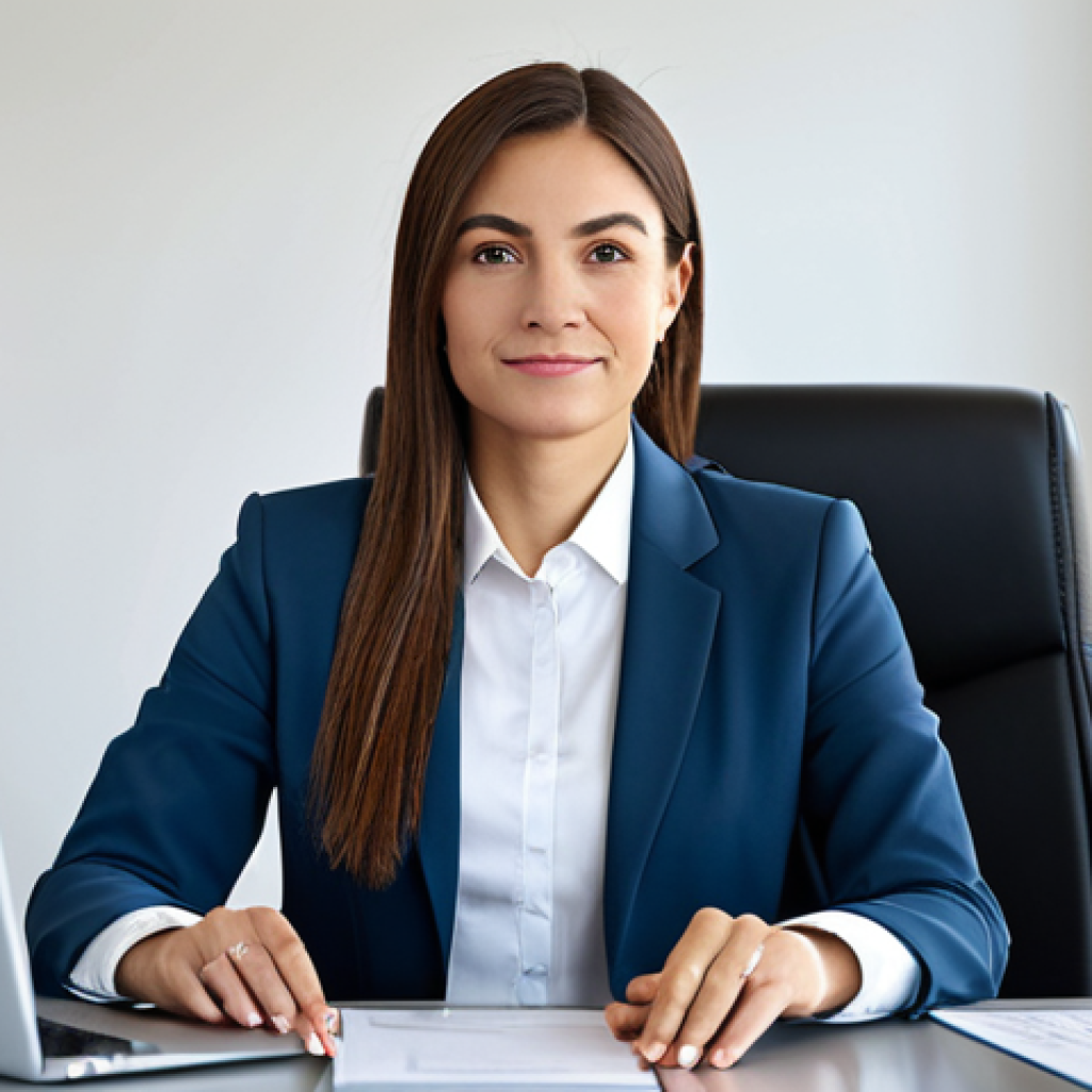 **

A fully clothed businesswoman in a professional, modest business suit, sitting confidently at a modern desk in a bright, contemporary office space. Natural lighting, perfect anatomy, correct proportions, well-formed hands, proper finger count. Safe for work, appropriate content, family-friendly, professional photography, high quality image.

**