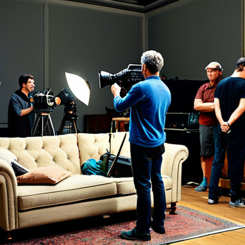 **

"A bustling film set, professional crew members carefully arranging equipment around a modest, fully clothed actress rehearsing lines on a vintage sofa. Background shows various crew members in action: camera operator, lighting technicians, sound engineer. Focus on organized chaos and efficient workflow. Safe for work, appropriate content, perfect anatomy, natural proportions, professional, family-friendly, fully clothed."

**
