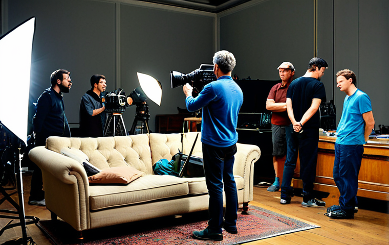 **

"A bustling film set, professional crew members carefully arranging equipment around a modest, fully clothed actress rehearsing lines on a vintage sofa. Background shows various crew members in action: camera operator, lighting technicians, sound engineer. Focus on organized chaos and efficient workflow. Safe for work, appropriate content, perfect anatomy, natural proportions, professional, family-friendly, fully clothed."

**