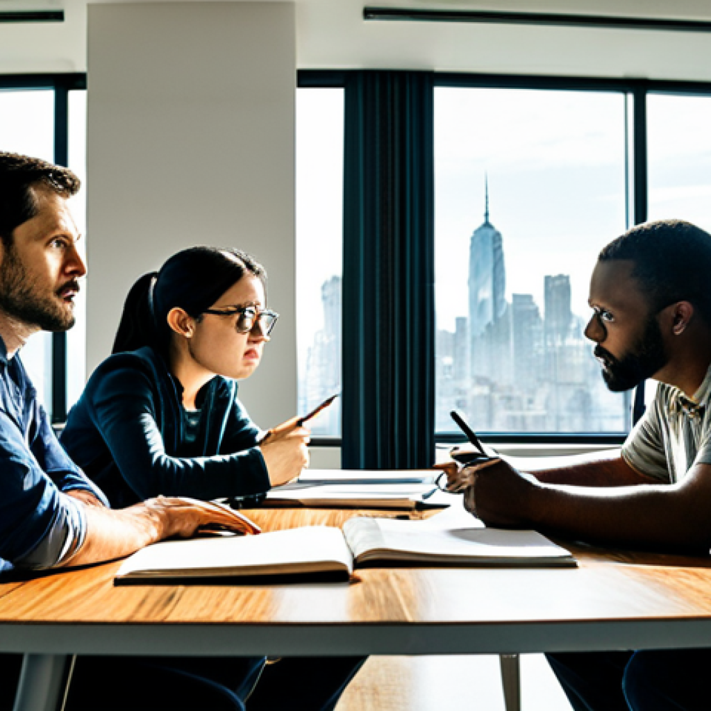 영화 제작에서의 팀워크 사례 - **A dynamic scene depicting the collaborative intensity of a scriptwriters' meeting.** A diverse gro...