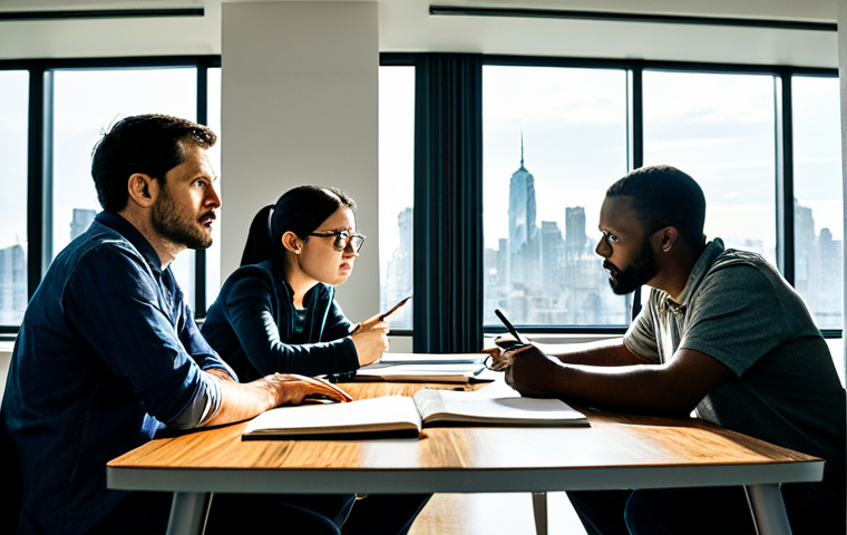 영화 제작에서의 팀워크 사례 - **A dynamic scene depicting the collaborative intensity of a scriptwriters' meeting.** A diverse gro...
