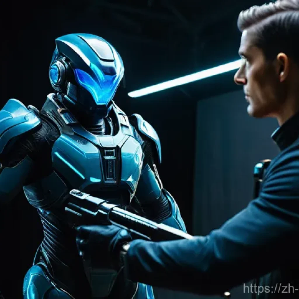 영화 제작의 최신 트렌드 - **Virtual Production Film Set**
A cutting-edge film set showcases a renowned actor (male, 30s, a...