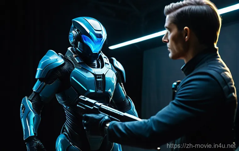 영화 제작의 최신 트렌드 - **Virtual Production Film Set**
    A cutting-edge film set showcases a renowned actor (male, 30s, a...