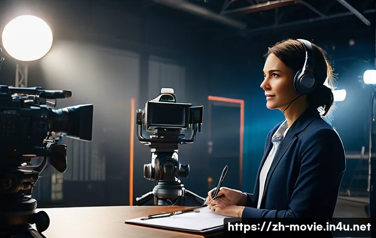 영화 제작사의 커리어 패스 - A dynamic film production set scene featuring a female production assistant wearing professional cas...