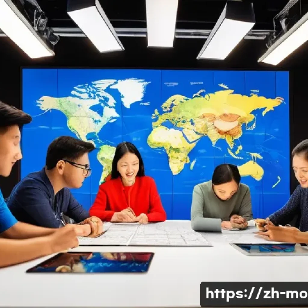 영화 제작사의 글로벌 확장 사례 - A vibrant film production studio bustling with a diverse international team of writers, directors, a...