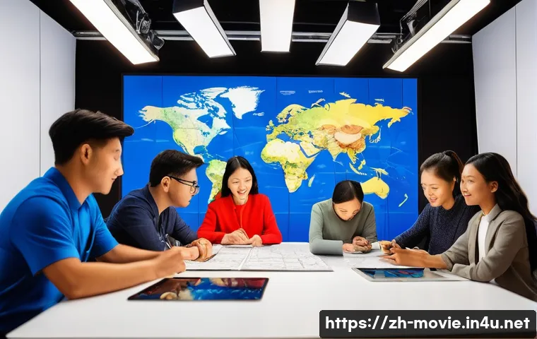 영화 제작사의 글로벌 확장 사례 - A vibrant film production studio bustling with a diverse international team of writers, directors, a...