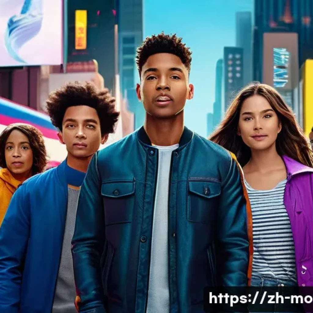 영화 제작사의 스폰서십 유치 사례 - A vibrant urban movie set featuring a youthful protagonist using the latest branded smartphone, with...