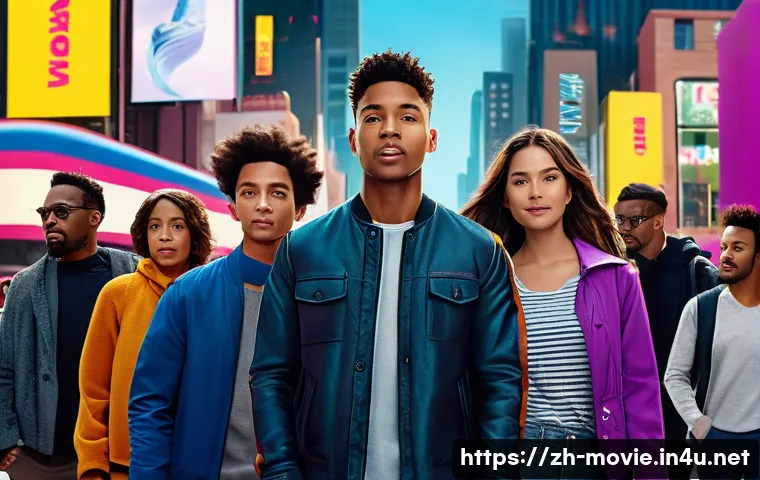 영화 제작사의 스폰서십 유치 사례 - A vibrant urban movie set featuring a youthful protagonist using the latest branded smartphone, with...