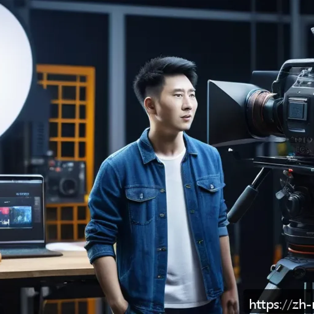 영화 제작사 자격증 종류 및 활용법 - A professional film production studio scene featuring a confident young Chinese cinematographer wear...