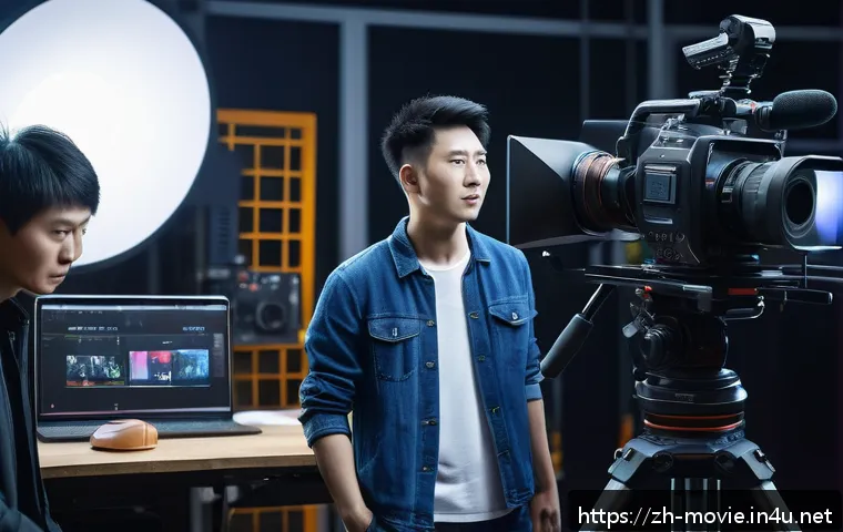 영화 제작사 자격증 종류 및 활용법 - A professional film production studio scene featuring a confident young Chinese cinematographer wear...