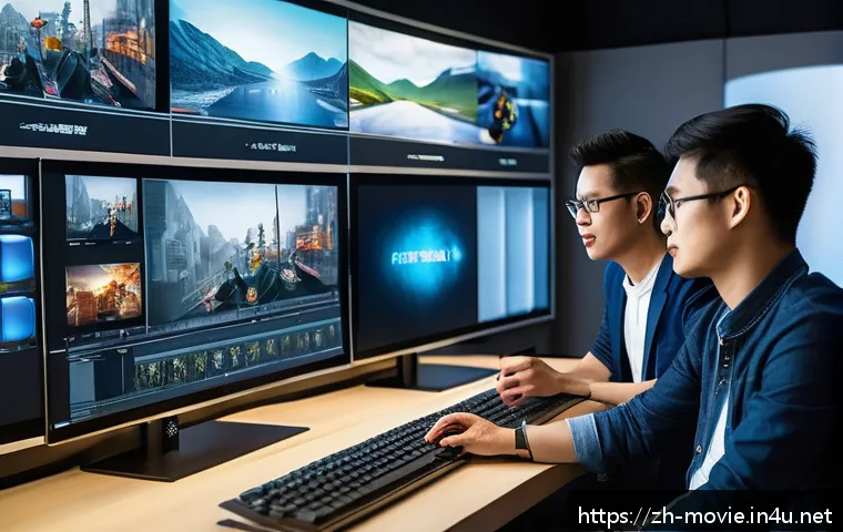 영화 제작사의 이직 성공 사례 - A modern film production office scene with diverse professionals actively discussing and analyzing t...