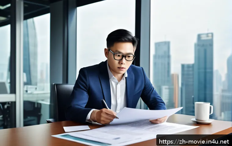 영화 프로듀서가 알아야 할 법률 - A professional film producer carefully reviewing a detailed contract in a modern office setting, sur...
