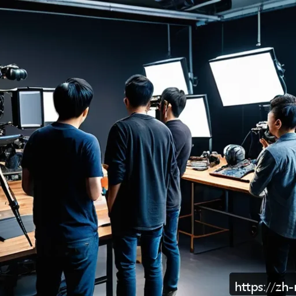 영화 제작사에서의 커리어 개발 - A modern film production set bustling with diverse crew members collaborating efficiently: a directo...