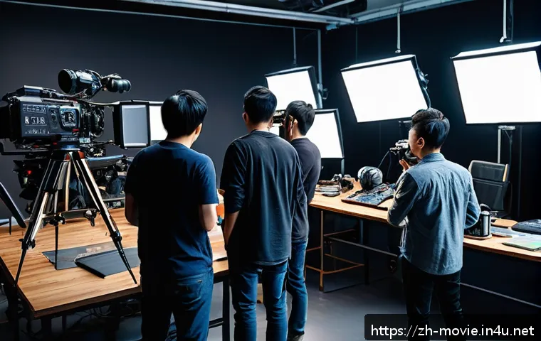 영화 제작사에서의 커리어 개발 - A modern film production set bustling with diverse crew members collaborating efficiently: a directo...
