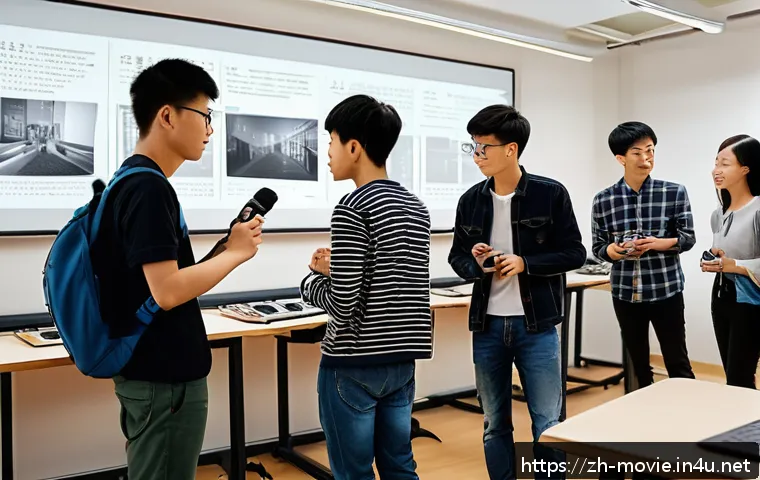 영화 제작 관련 자격증 취득 방법 - A modern film production classroom scene featuring diverse students practicing camera operation and ...