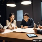 영화 제작 과정의 단계별 설명 - A dynamic film production scene showing a diverse creative team brainstorming around a large table s...