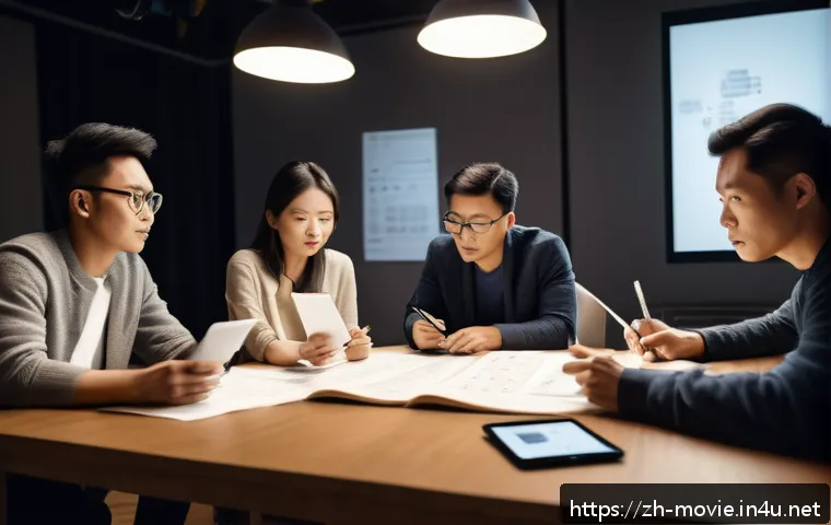 영화 제작 과정의 단계별 설명 - A dynamic film production scene showing a diverse creative team brainstorming around a large table s...