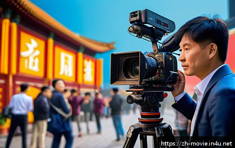 영화 제작사의 연봉 구조 분석 - A professional film director on a bustling movie set in a modern Chinese city, wearing smart casual ...