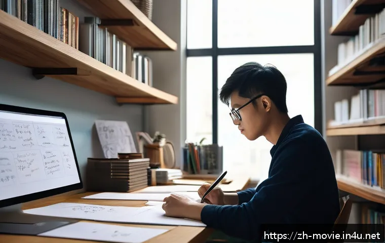 촬영 스크립트 작성 방법 - A modern creative workspace scene showing a young Asian video scriptwriter sitting at a sleek desk c...