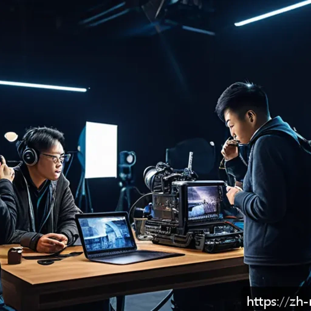 촬영 현장의 팀워크 사례 - A modern film set scene showing a diverse professional crew actively collaborating: a director with ...