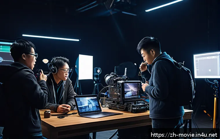 촬영 현장의 팀워크 사례 - A modern film set scene showing a diverse professional crew actively collaborating: a director with ...