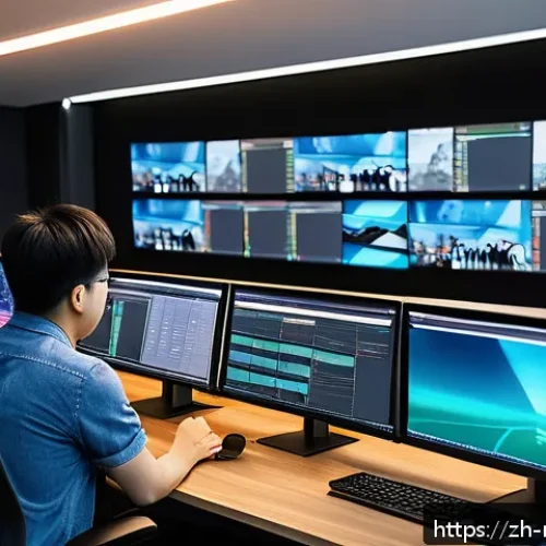 영화 후반 작업 일정 관리 - A modern film post-production studio scene showing a diverse team of editors working collaboratively...