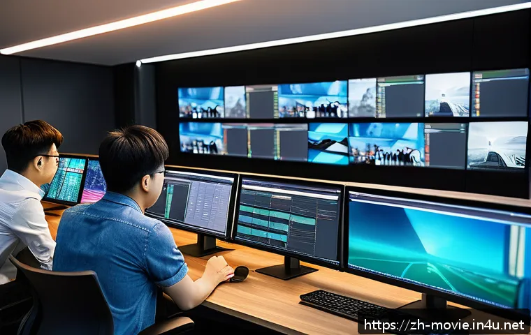 영화 후반 작업 일정 관리 - A modern film post-production studio scene showing a diverse team of editors working collaboratively...