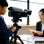 영화 제작사 인사 담당자의 팁 - Photorealistic cinematic scene inside a modern film production company office, an experienced HR man...