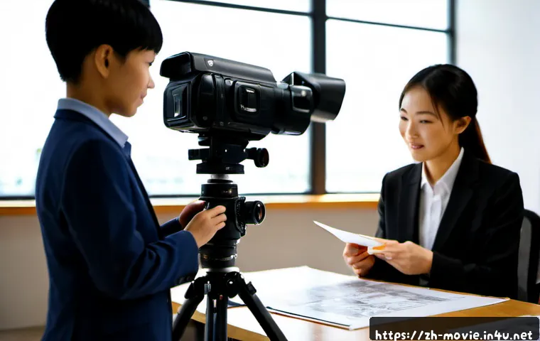 영화 제작사 인사 담당자의 팁 - Photorealistic cinematic scene inside a modern film production company office, an experienced HR man...