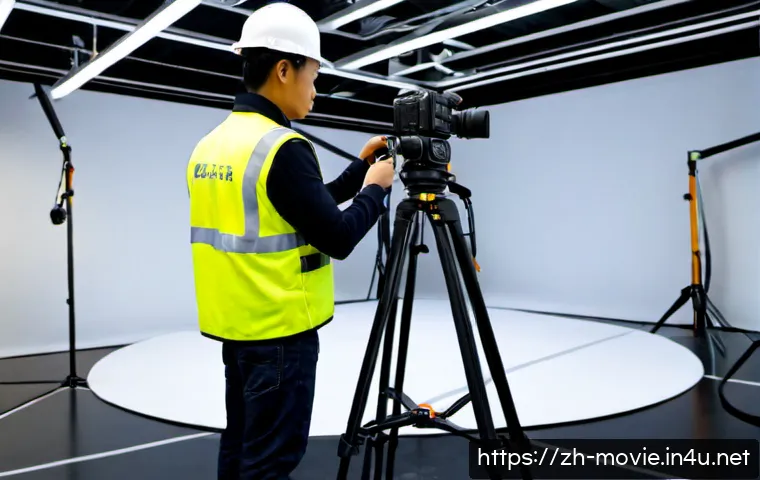 촬영 현장의 안전 체크리스트 - Photorealistic film production set during a pre-shoot safety inspection, experienced crew member in ...
