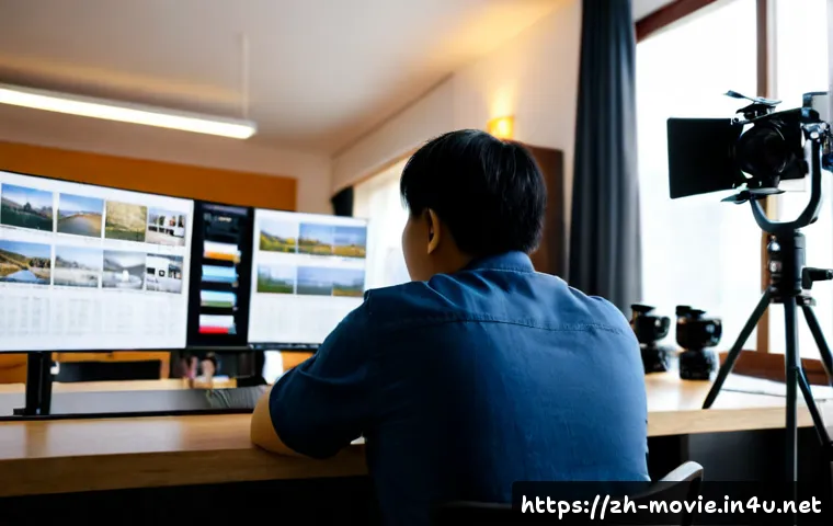 영화 제작에서의 크리에이티브 디렉션 - Photorealistic cinematic film production studio, creative director seated at a large desk reviewing ...