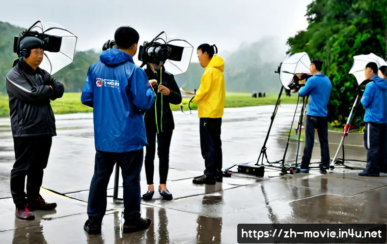 촬영 현장에서 발생한 위기관리 - Photorealistic film production crisis management scene, a calm production manager wearing a headset ...